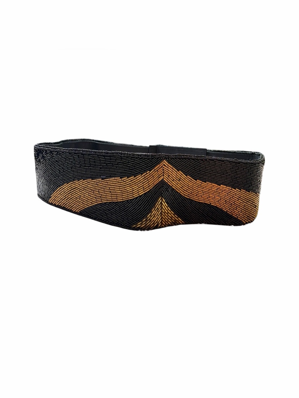 Vtg La Regale Black Gold Beaded Chevron Belt Wide Cummerbund Size L 80s